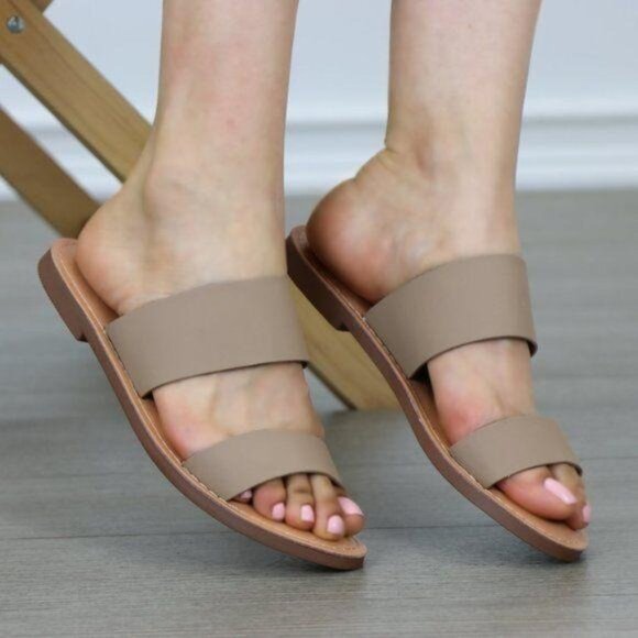 Slip On 2 Strap Flat Sandal Tan Faux Leather - Picture 3 of 8